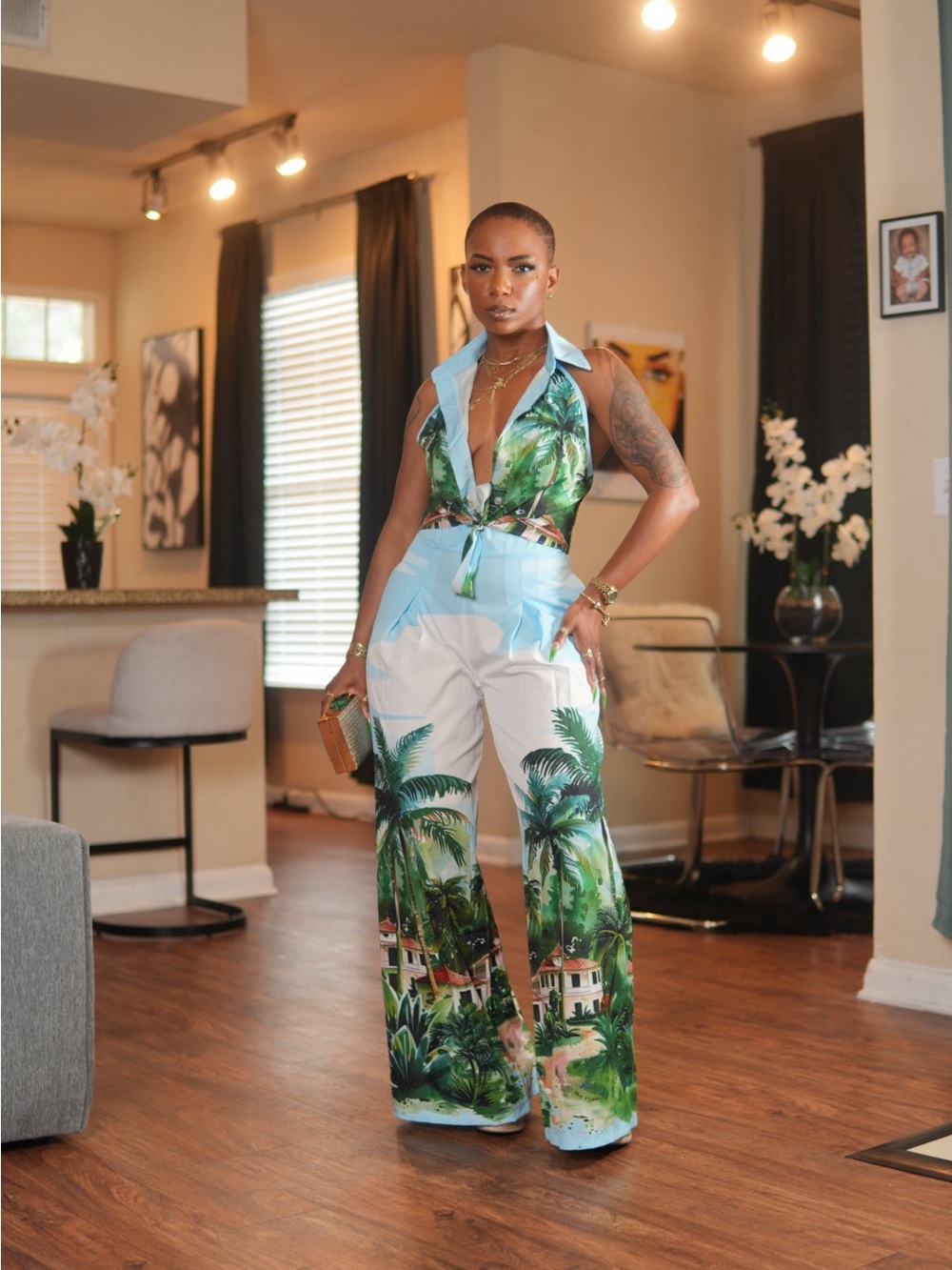 Tropical Print Blue & Green Wide-Leg Pant Set